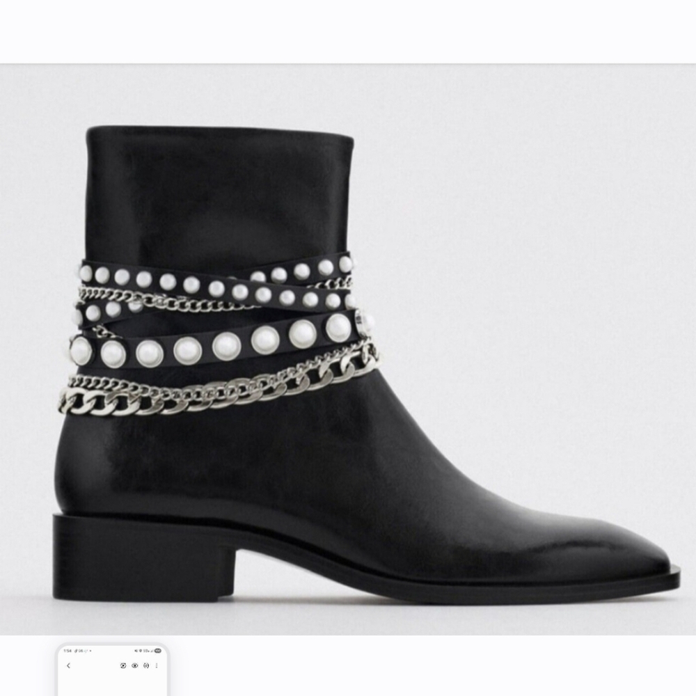 Zara Black Ankle Boots with Pearl and Chain Accents